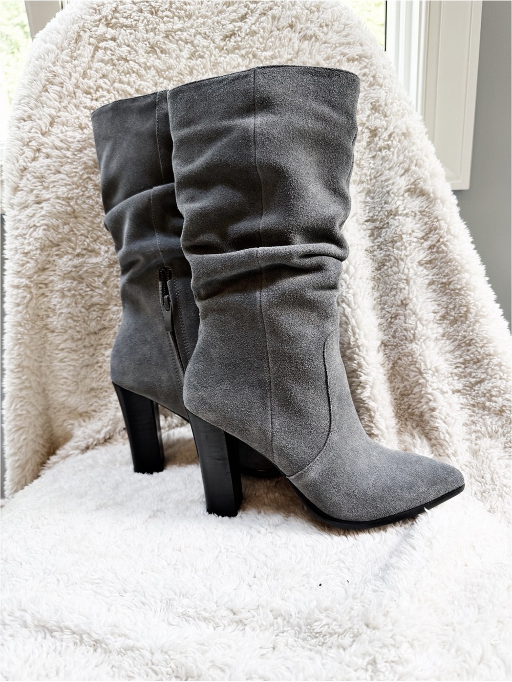 NWOT Tahari Alanna Gray Suede Mid-Calf Heeled Boots